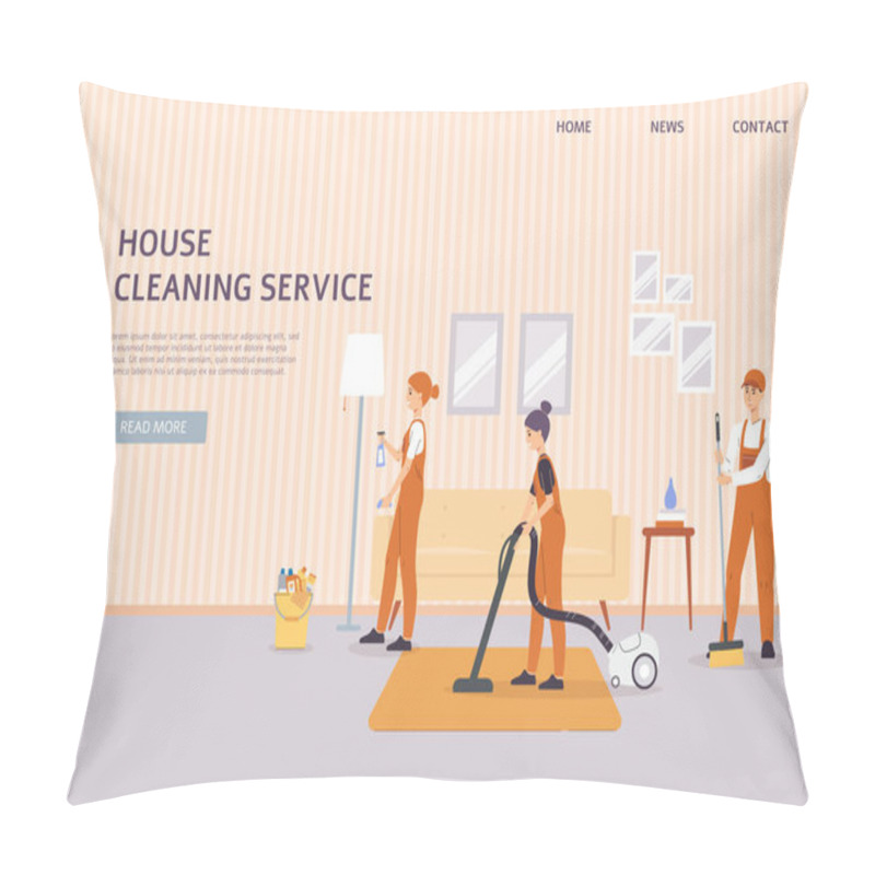 Personality  House Cleaning Service Banner Template With Cartoon Cleaner Team Pillow Covers