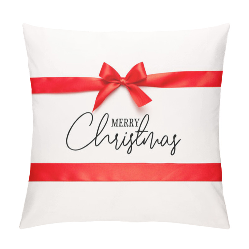 Personality  Top View Of Red Ribbon And Bow With Merry Christmas Lettering On White  Pillow Covers