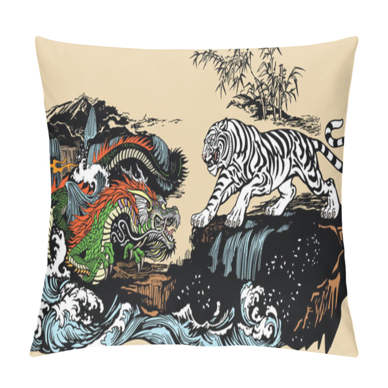 Personality  Green Chinese East Asian Dragon Versus White Tiger In The Landscape With Waterfall,rocks And Water Waves  . Two Spiritual Creatures In Classical Feng Shui Representing Yin Yang. Graphic Style Vector Illustration Pillow Covers