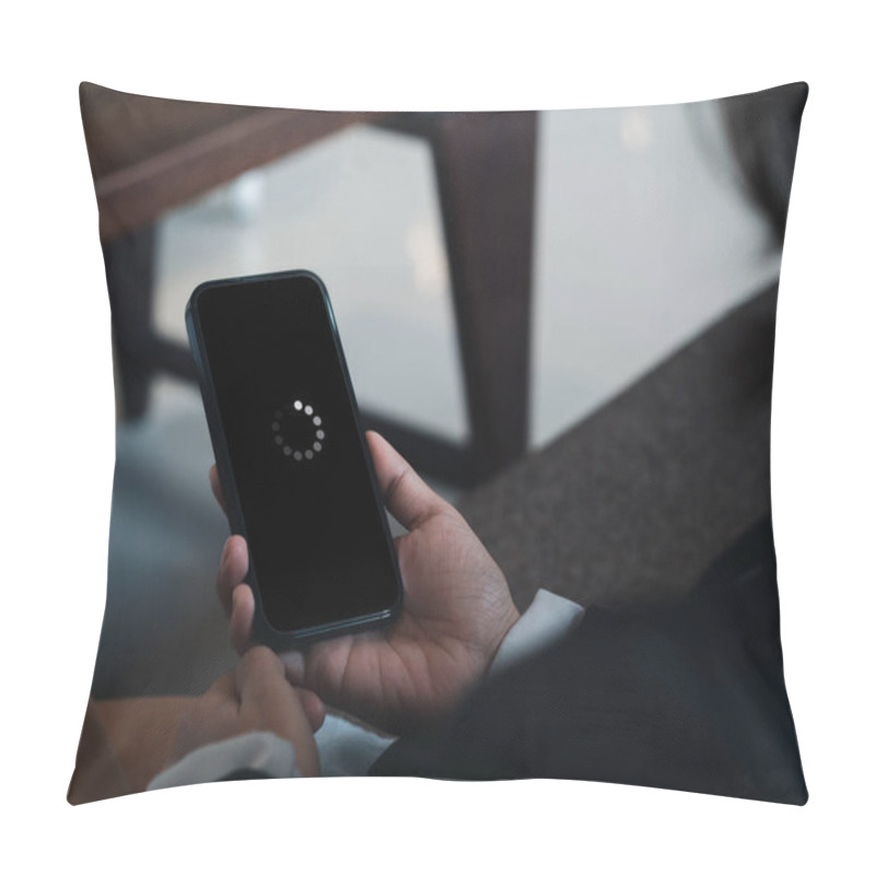 Personality  System Error, Slow Loading, No Connection To Wifi On Mobile Smartphone Screen In Businessperson's Hand. No Signal Internet Connection On Cellphone. System Software Update And Upgrade Loading Process. Pillow Covers