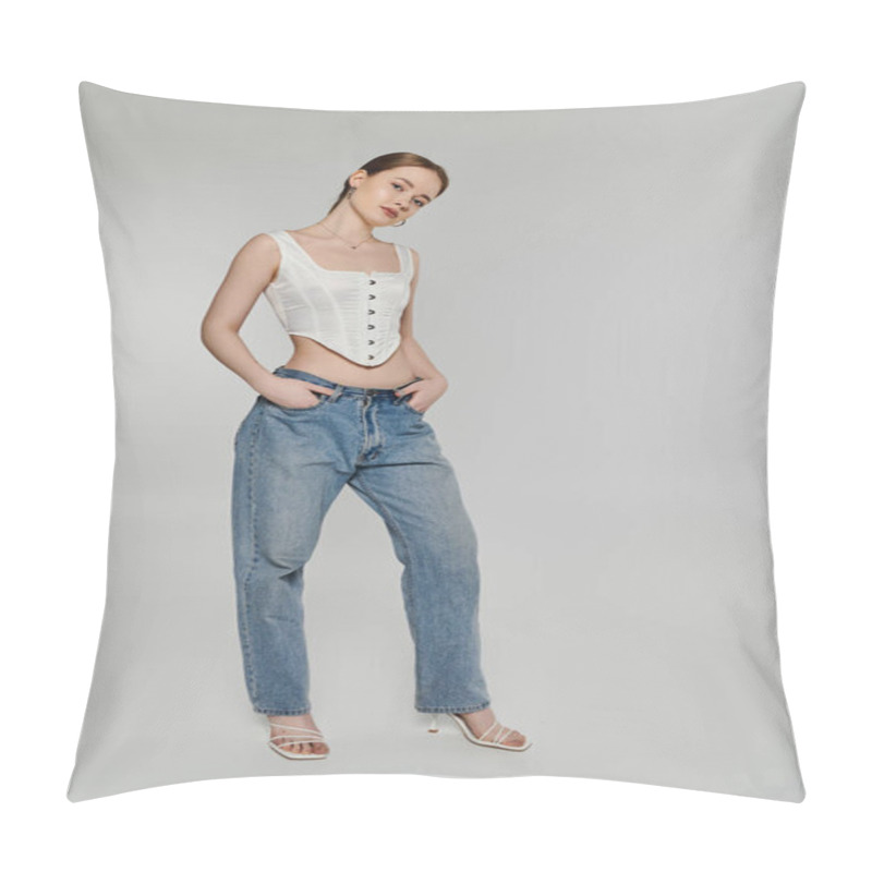 Personality  A Young Woman Poses In A White Corset And Blue Jeans Against A Plain White Background. Pillow Covers