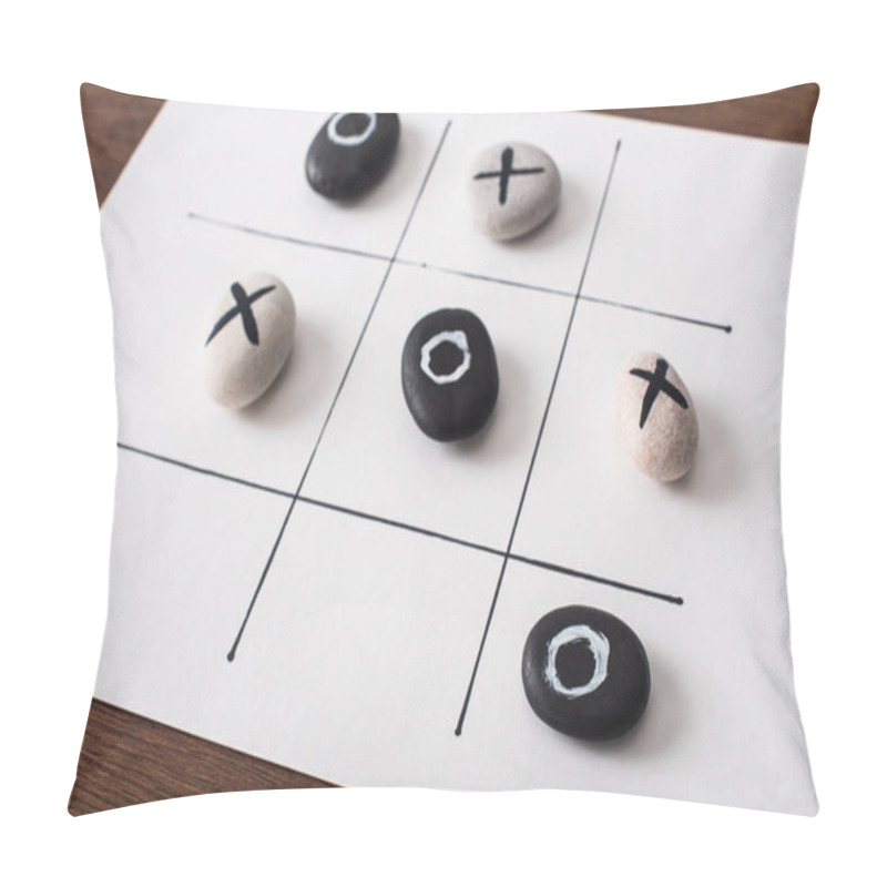 Personality  Tic Tac Toe Game On White Paper With Pebbles Marked With Naughts And Crosses On Wooden Surface Pillow Covers