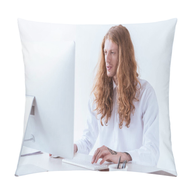 Personality  Stylish Tattooed Businessman With Ginger Long Hair Working With Computer In Workspace Pillow Covers