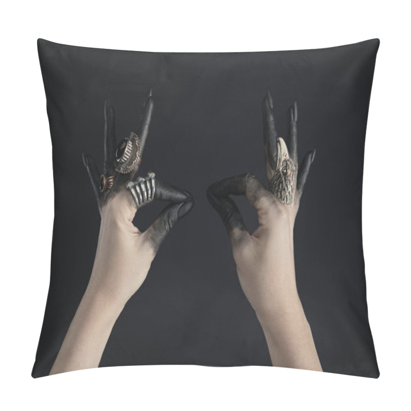 Personality  Cropped View Of Black Painted Hands Of Witch With Jewelry Rings Isolated On Black  Pillow Covers