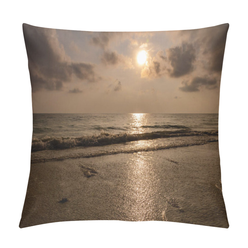 Personality  Sea Horizon With Bright Sunset Orange Sky From Sandy Beach And Rolling Waves At Morning Pillow Covers