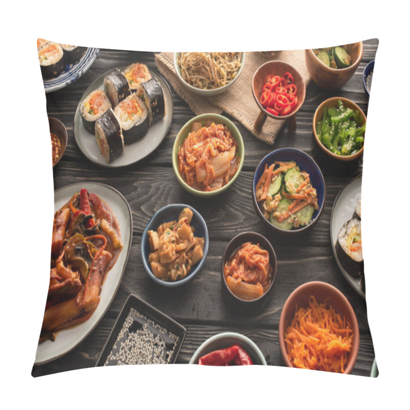 Personality  Selective Focus Of Traditional And Tasty Korean Dishes On Wooden Surface  Pillow Covers