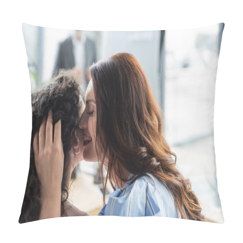 Personality  Smiling Lesbian Woman Telling Secret To African American Girlfriend In Real Estate Agency Pillow Covers