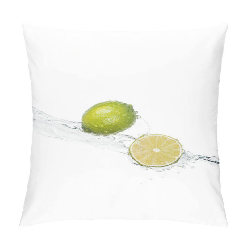 Personality  Green Fresh Limes With Clear Water Stream Isolated On White With Copy Space Pillow Covers