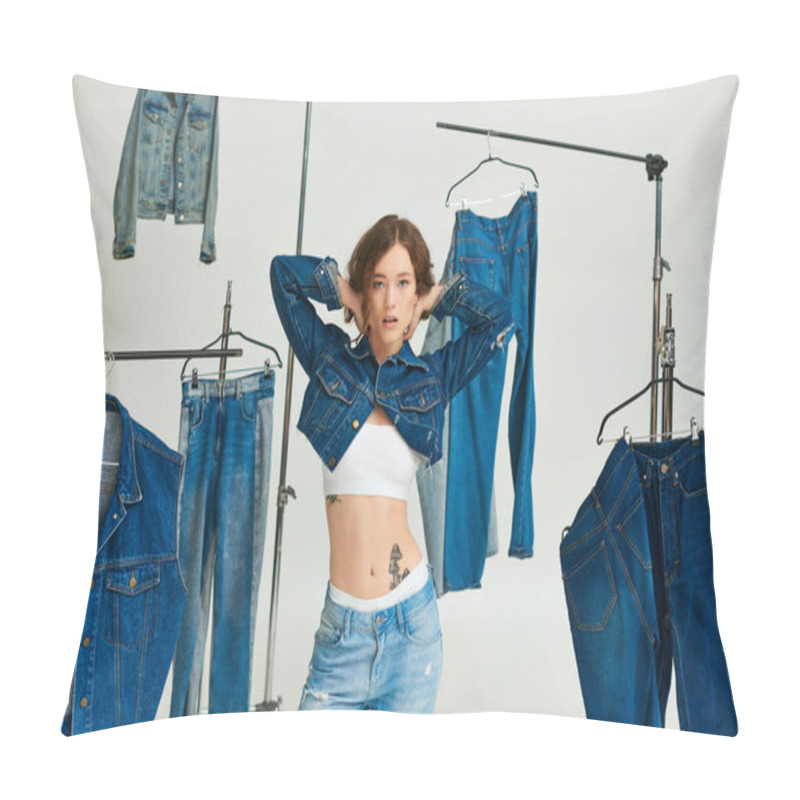 Personality  Young Woman With Tattoo Posing In Cropped Blue Jacket Among Denim Clothes On Grey Backdrop Pillow Covers