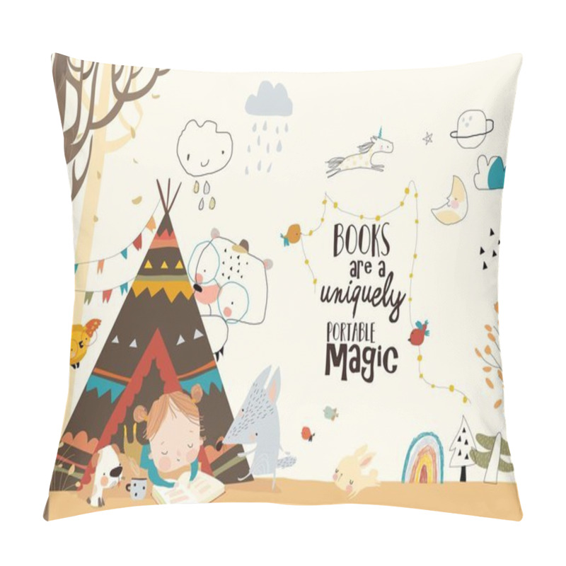 Personality  Cute Girl Reading Book With Animals In A Teepee Tent In Autumn Park. Vector Illustration Pillow Covers