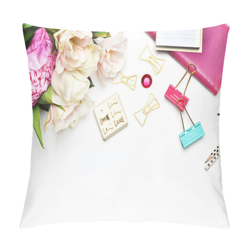 Personality  White Background And Stationery Accessories, Woman Desk, Scrap, Peonies Flowers Pillow Covers