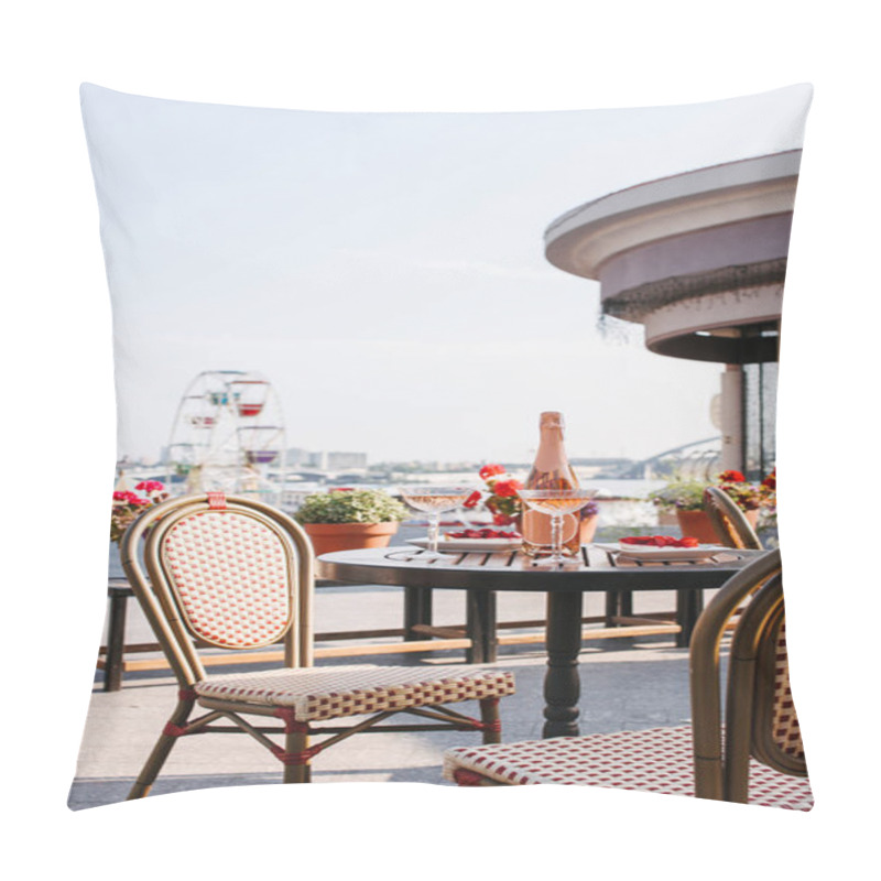 Personality  Cozy Outdoor Cafe With Champagne And Sweet Desserts On Table Pillow Covers