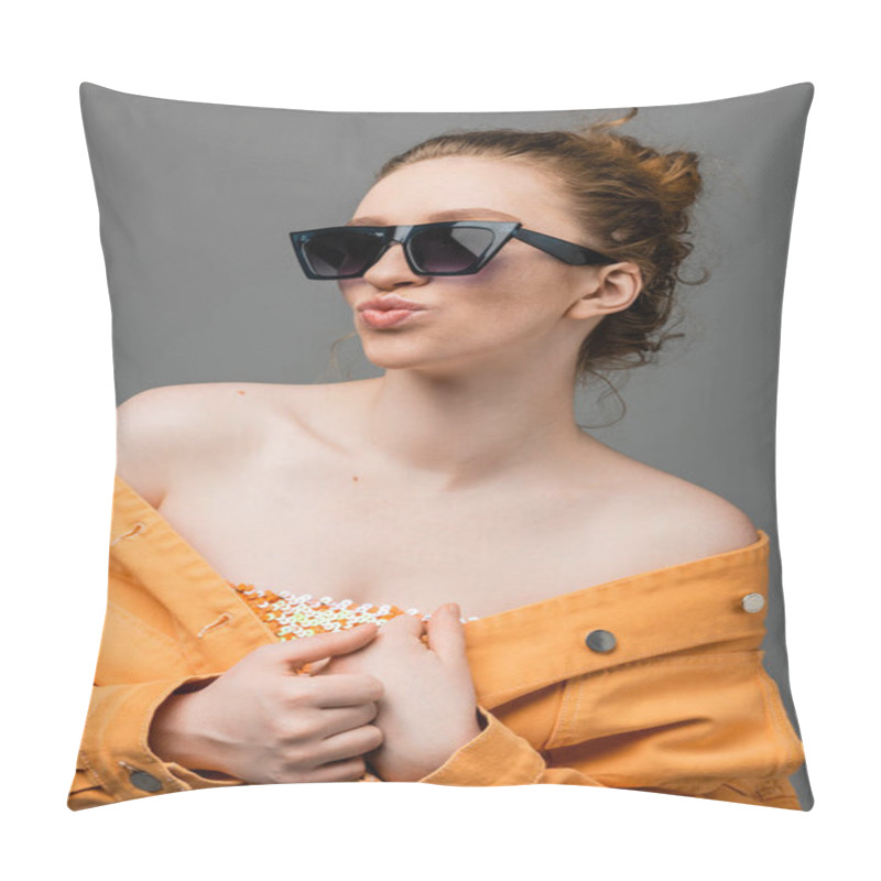 Personality  Portrait Of Young Redhead Woman In Sunglasses, Top With Sequins And Orange Denim Jacket Pouting Lips And Posing Isolated On Grey Background, Trendy Sun Protection Concept, Fashion Model  Pillow Covers