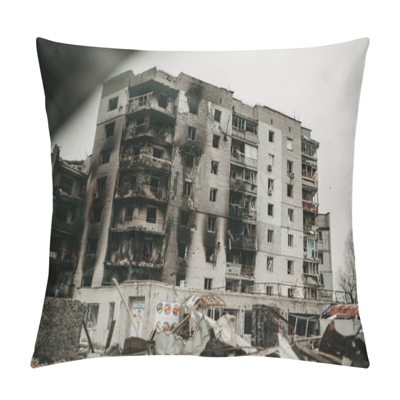 Personality  Borodyanka, Kyiv Region, Ukraine. April 08, 2022: Destroyed Building After Russian Occupation  Pillow Covers