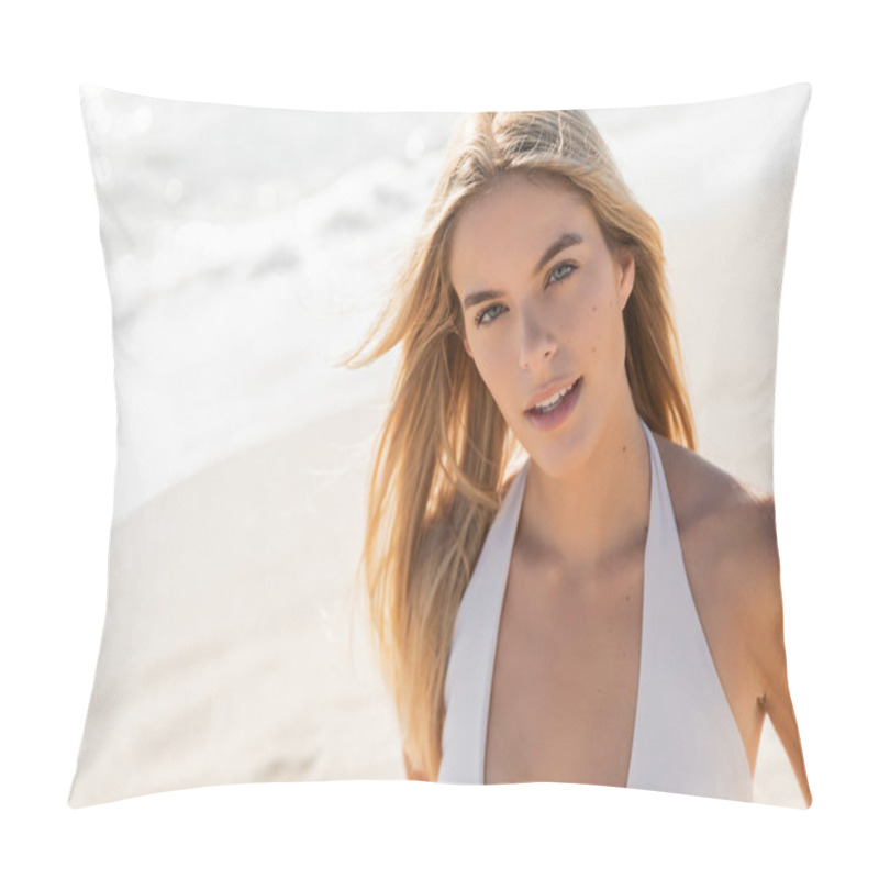 Personality  A Young And Beautiful Blonde Woman In A White Bikini Enjoying The Sun And Sand On Miami Beach. Pillow Covers