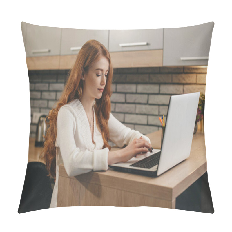 Personality  Side View Photo Of A Caucasian Woman Working At The Laptop In The Kitchen Form Home Pillow Covers