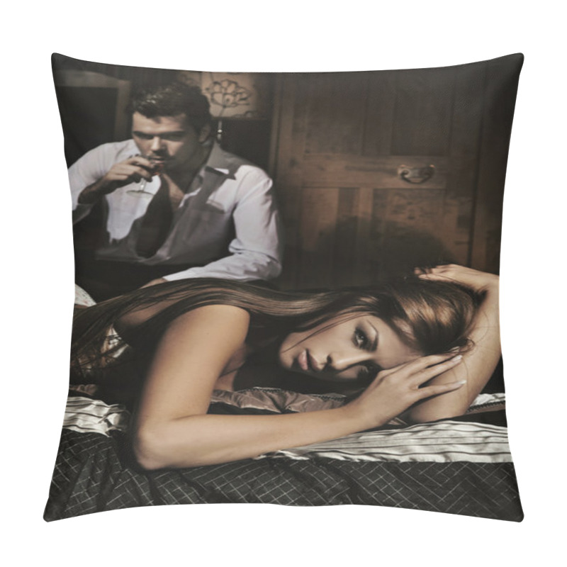 Personality  Sexy Young Woman Laying On The Bad And Man Drinking Wine Pillow Covers