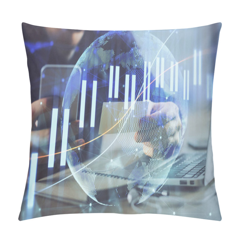 Personality  Double Exposure Of Mans Hands Holding And Using A Phone And Financial Graph Drawing. Analysis Concept. Pillow Covers