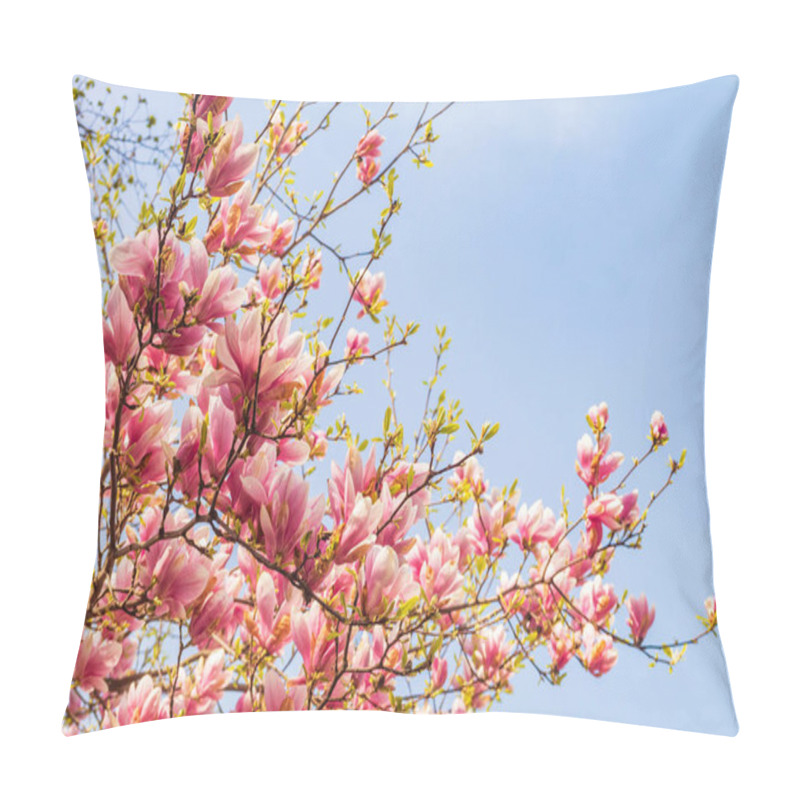 Personality  Pink Magnolia Tree Blossom Against Blue Sky Pillow Covers