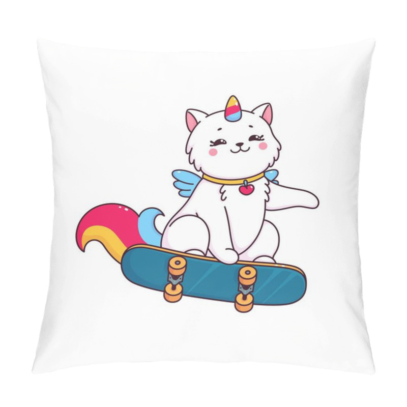 Personality  Cartoon Cute Caticorn Cat And Kitten Character. Fantasy Animal Or Magical Creature Isolated Vector Funny Character. Skating Caticorn Cat Childish Mascot Or Comical Personage Pillow Covers