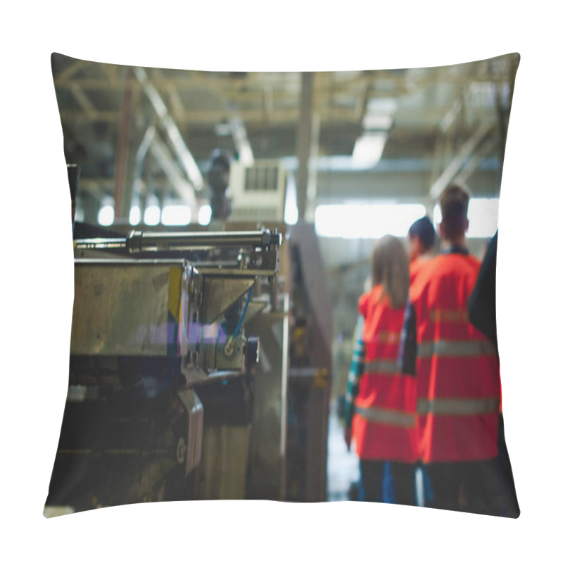 Personality  Blonde Woman In Overalls, On The Tour Of The Brewery Plant In Industrial Premises, Amid Crowds Of People In Vests, Inspecting A Factory For Training Purposes Pillow Covers