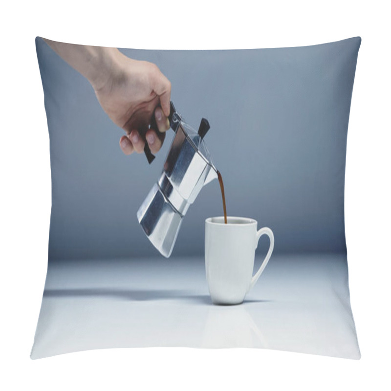 Personality  Partial View Of Man Pouring Espresso Into Cup On White And Grey  Pillow Covers