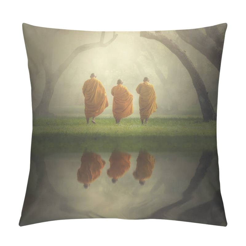 Personality  Fantastic Scene Of Asian Three Monks Hiking With Reflection The Lake In Deep Forest , Buddha Religion Concept Pillow Covers