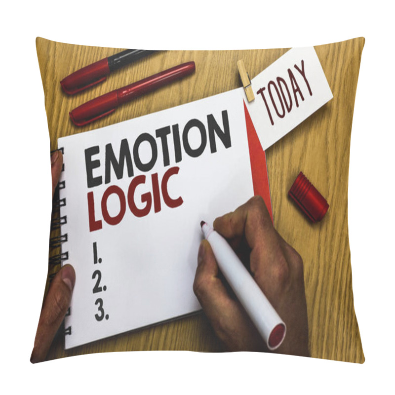 Personality  Handwriting Text Writing Emotion Logic. Concept Meaning Heart Or Brain Soul Or Intelligence Confusion Equal Balance Man Holding Marker Notebook Clothespin Reminder Wooden Table Cup Coffee. Pillow Covers