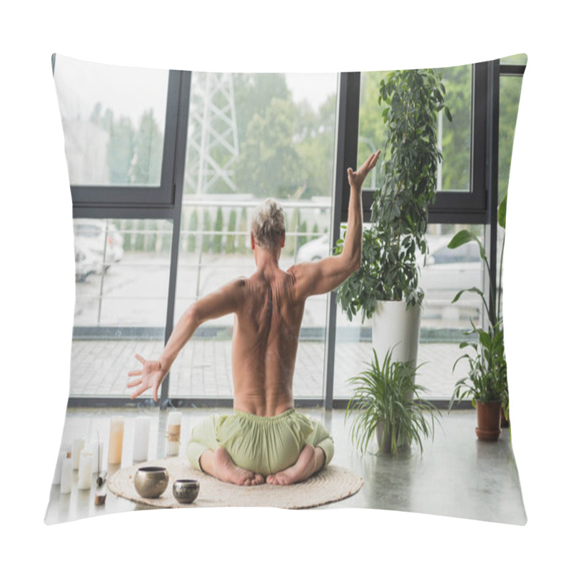 Personality  Back View Of Shirtless Man Gesturing While Sitting In Thunderbolt Yoga Pose Near Candles And Tibetan Singing Bowls  Pillow Covers