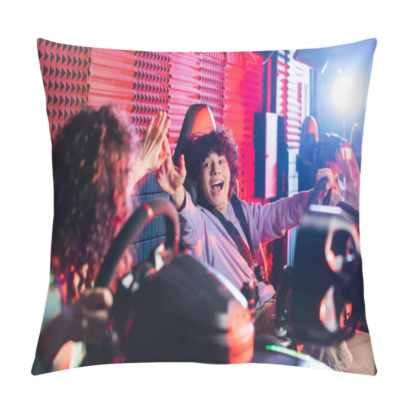 Personality  Excited Boy Giving High Five To African American Girl In Car Racing Simulator Pillow Covers