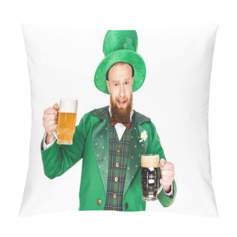 Personality  Handsome Bearded Man In Green Costume And Hat Holding Glasses Of Beer And Looking At Camera Isolated On White   Pillow Covers