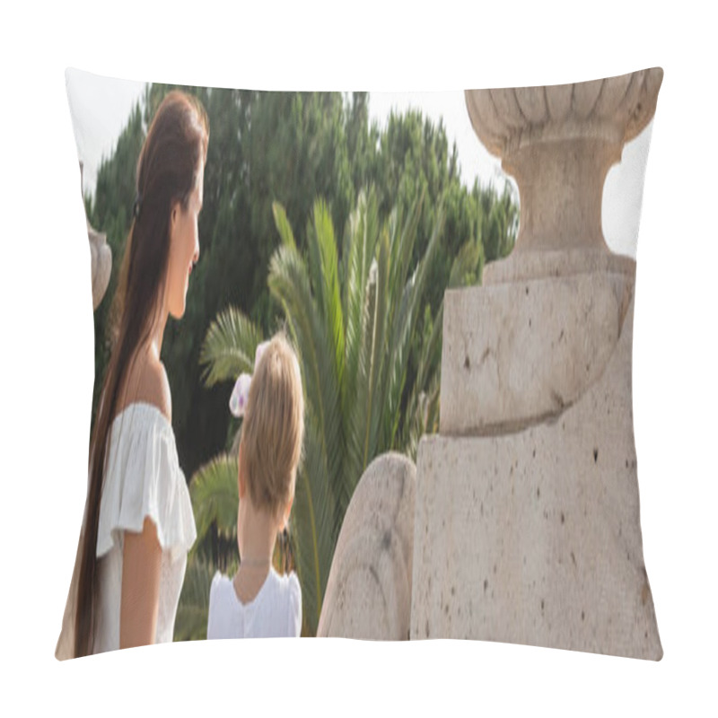 Personality  Smiling Woman Looking Away Near Daughter On Stone Puente Del Mar Bridge In Valencia, Banner  Pillow Covers