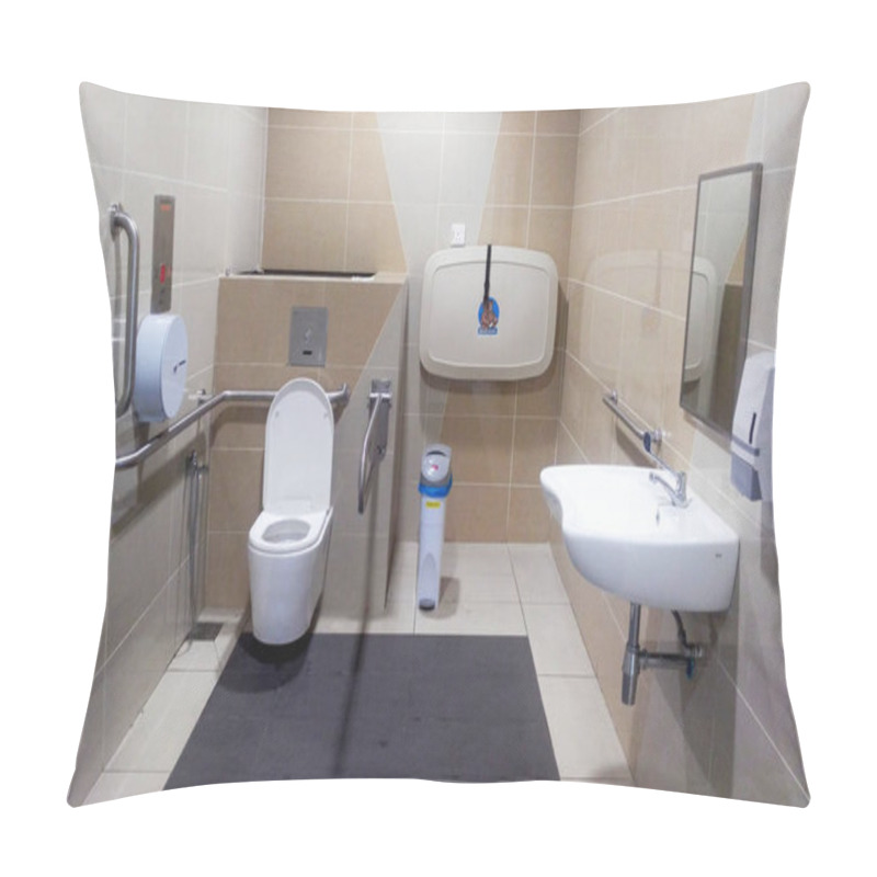 Personality  KUALA LUMPUR, MALAYSIA -JANUARY 12, 2017: Interior Of Public Toilet For Disable People Combine With Nappy Change Facilities. Designed Special And Proportion For Their Needs.  Pillow Covers