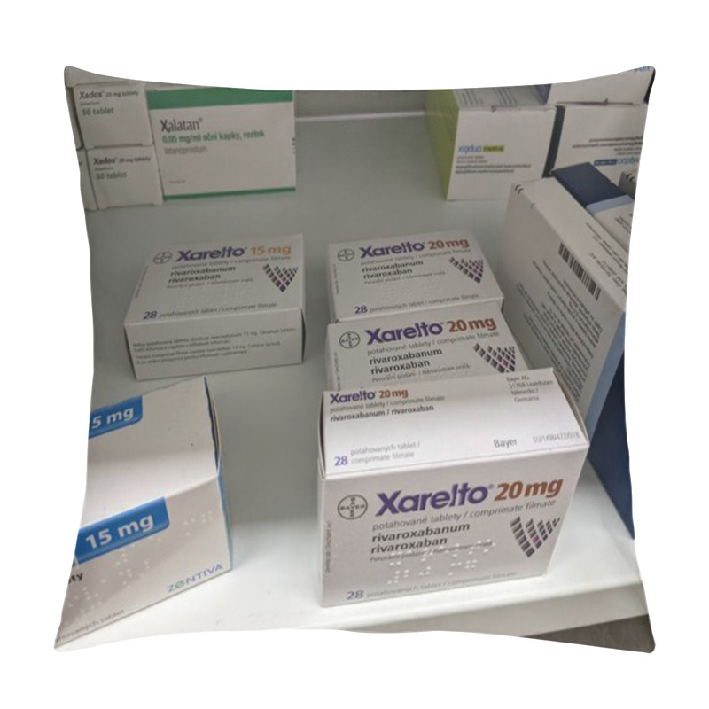 Personality  Prague, Czech Republic-August 15 2024: XARELTO Box Of Tablets With RIVAROXABAN Active Substance, Used For The Prevention And Treatment Of Blood Clots And Stroke. Pillow Covers