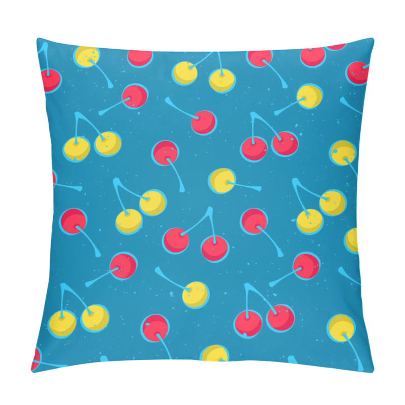 Personality  Seamless Pattern With Ripe Cherries Symbols Over Blue Background. Vector Textile Print Ornament. Fashion, Grunge Wallpaper Cool Design. Abstract, Colorful Fruits Ornament Patterns Pillow Covers