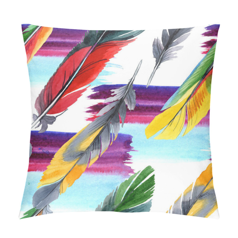 Personality  Colorful Bird Feather From Wing Isolated. Watercolour Drawing Fashion Aquarelle. Fabric Wallpaper Print Texture. Pillow Covers