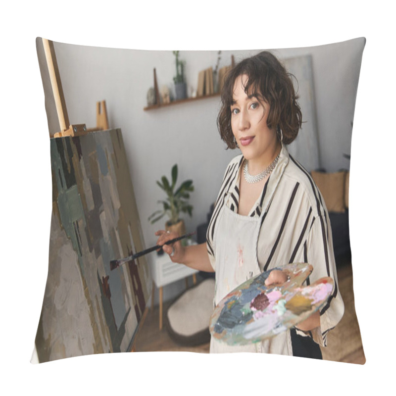 Personality  A Talented Young Woman With Curly Hair Paints In Her Bright, Modern Apartment Using Natural Light. Pillow Covers