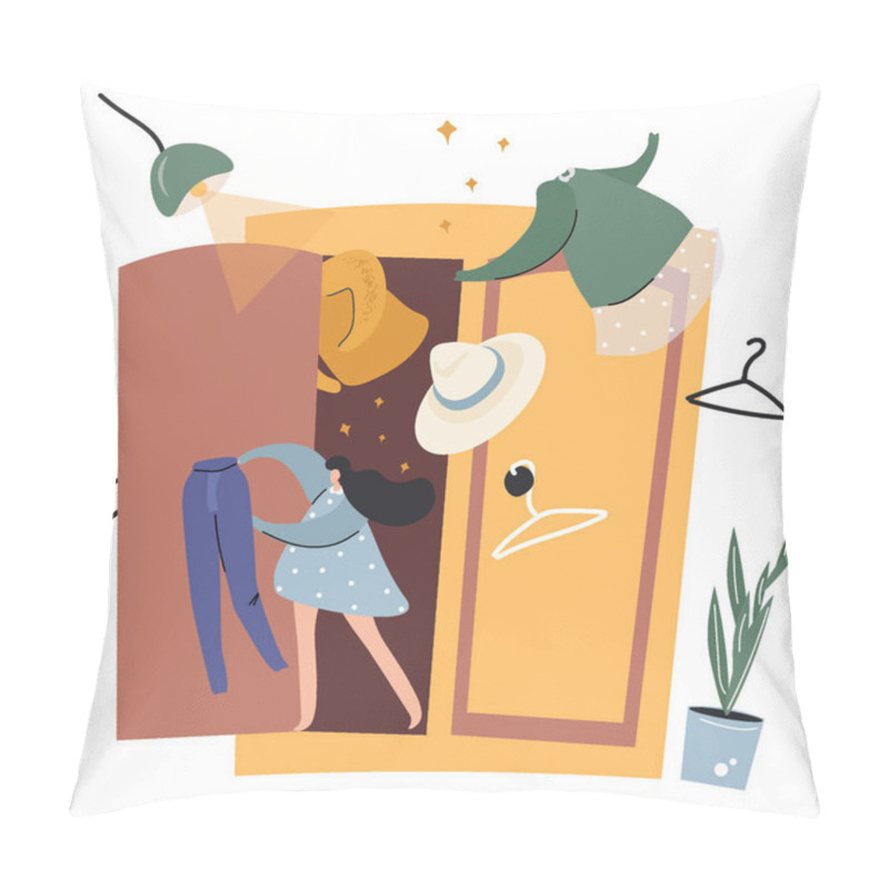 Personality  Cute Flat Vector Illustration With A Girl And A Wardrobe About Spring Clutter Pillow Covers