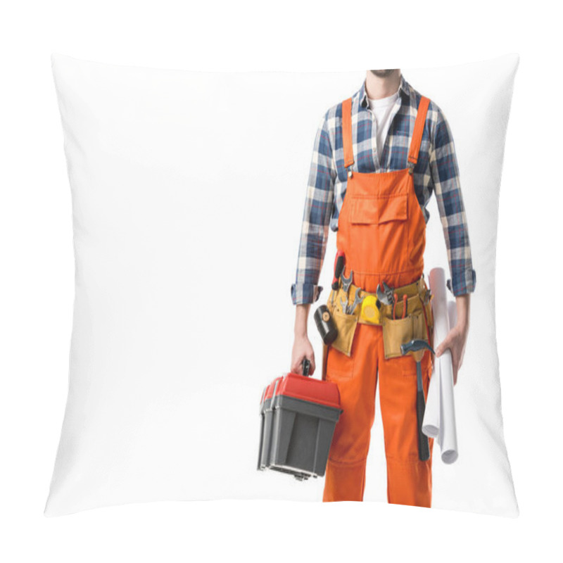 Personality  Cropped View Of Man In Orange Overall Holding Tool Box And Blueprint Isolated On White Pillow Covers