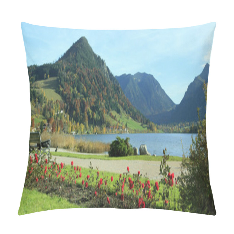 Personality  Picturesque Lakeside Promenade, Lake Schliersee, With Benches Pillow Covers