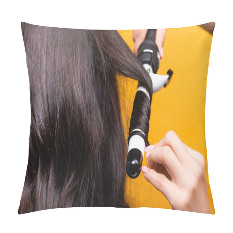 Personality  Cropped View Of Hairdresser Using Curling Iron Isolated On Yellow Pillow Covers