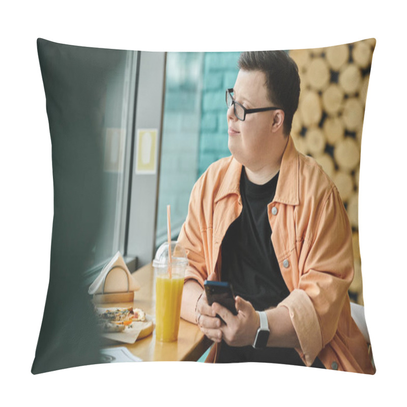 Personality  A Man With Down Syndrome, Wearing Glasses And An Orange Jacket, Smiles As He Enjoys A Slice Of Pizza While Sitting At A Cafe Table. Pillow Covers