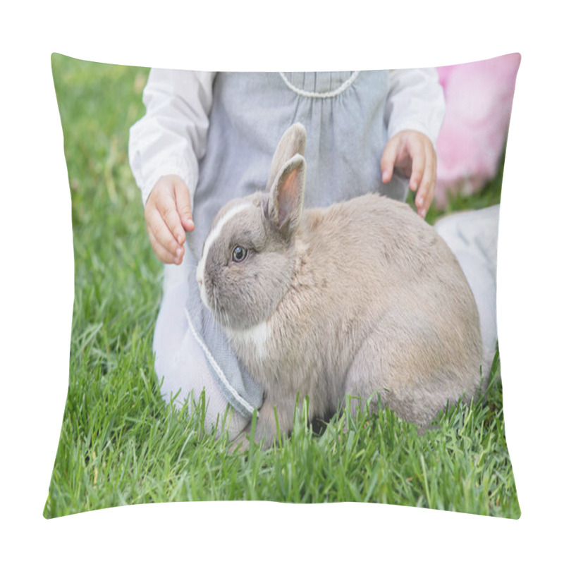 Personality  Children Play With Real Rabbit. Laughing Child At Easter Egg Hunt With Pet Bunny. Pillow Covers