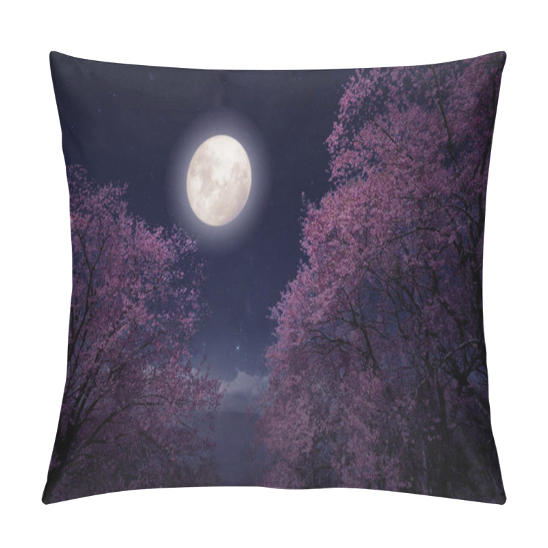 Personality  Romantic Night Scene - Beautiful Cherry Blossom (sakura Flowers) In Night Skies With Full Moon. Fantasy Style Artwork With Vintage Color Tone. Pillow Covers