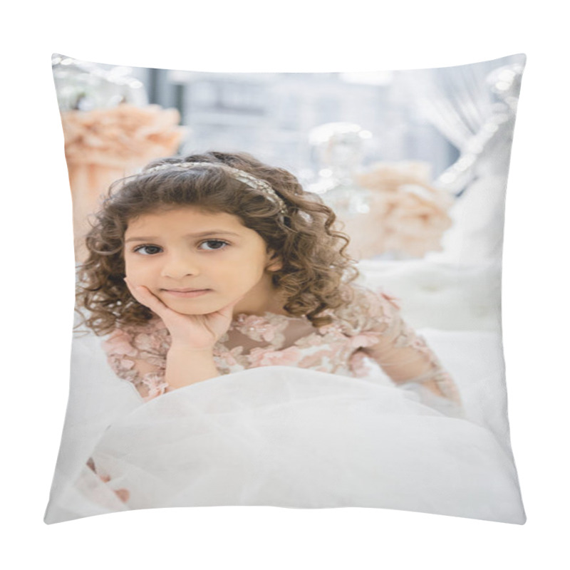 Personality  Portrait Of Cute Middle Eastern Little Girl With Curly Hair Sitting In Floral Dress On White Couch Inside Of Luxurious Wedding Salon, Tulle Skirt, Blurred Background, Looking At Camera  Pillow Covers