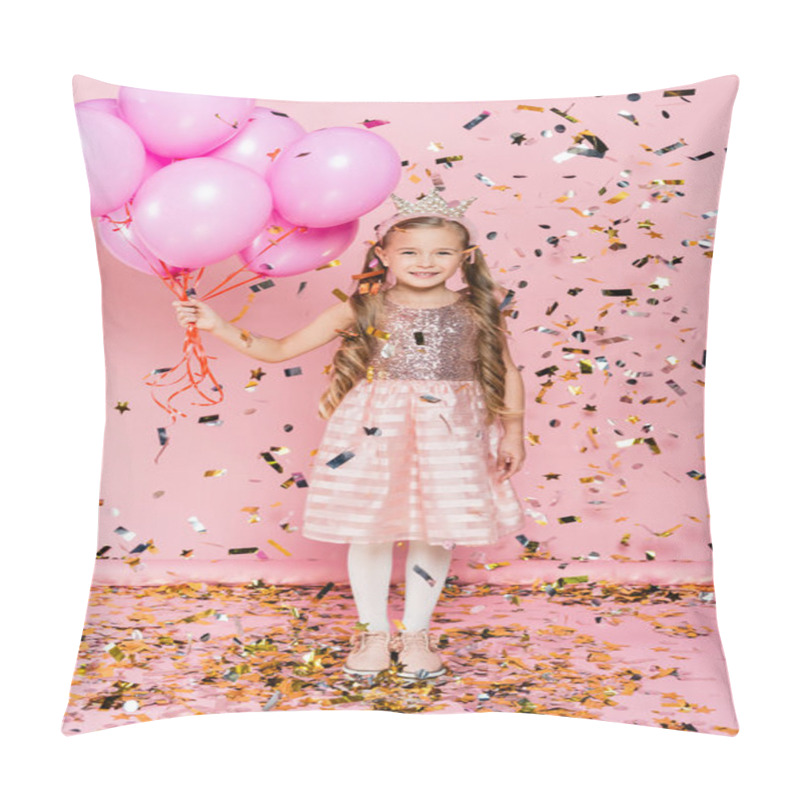 Personality  Full Length Of Happy Little Girl In Crown Holding Balloons Near Falling Confetti On Pink  Pillow Covers