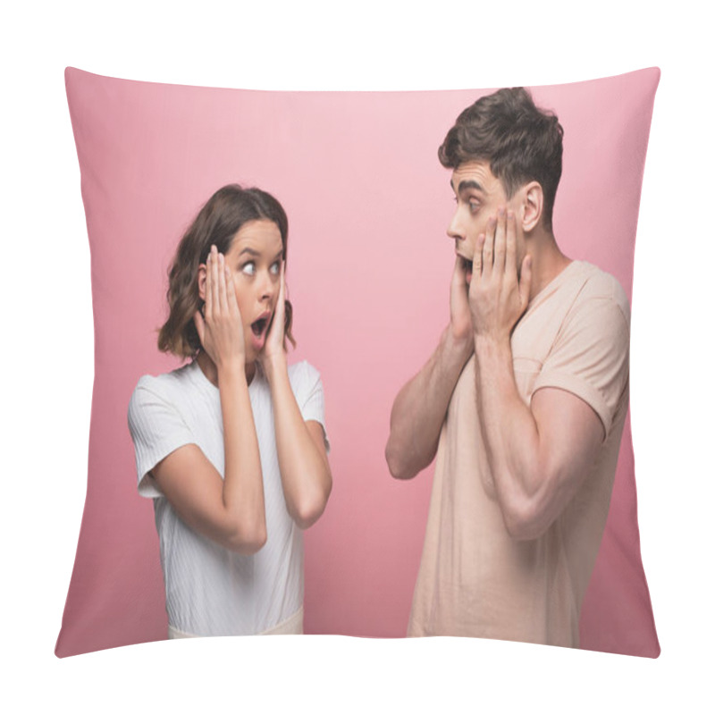 Personality  Shocked Man And Woman Holding Hands Near Faces While Looking At Each Other On Pink Background Pillow Covers