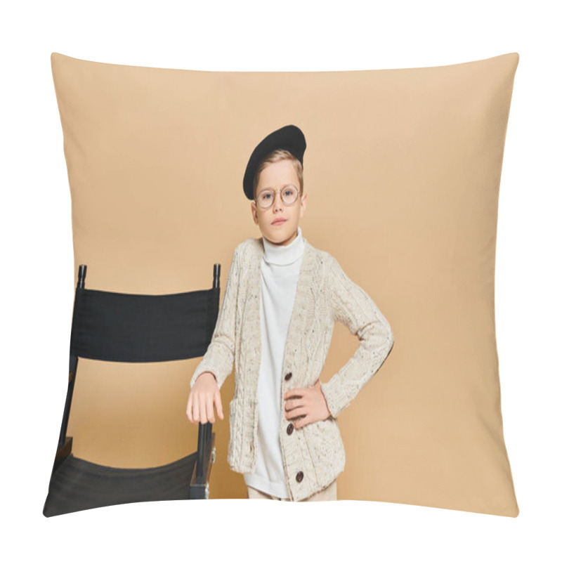 Personality  A Cute Preadolescent Boy Dressed As A Film Director Standing Next To A Chair. Pillow Covers