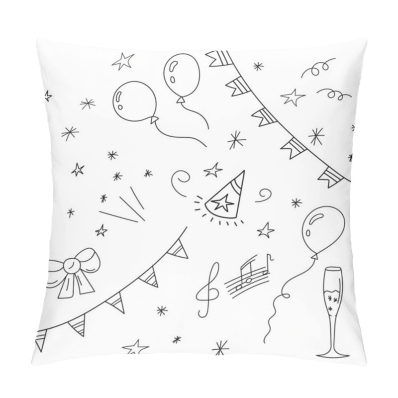 Personality  Set Of Hand-drawn Birthday Elements. A Collection Of Balloons, Stars, Bows, Flags, Notes. Doodle Drawing Style, Minimalism, Sketch. Isolated.Holiday Vector Illustration Pillow Covers