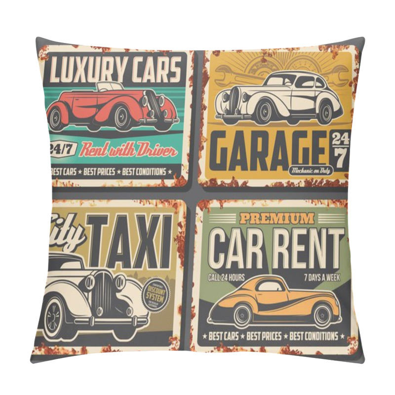 Personality  Cars Rusty Metal Plates, Retro Auto Service Vector Rust Tin Signs. Mechanic Garage And Vehicle Maintenance Station. Automobile Repair And Luxury Premium Cars Rent, City Taxi Vintage Rust Effect Cards Pillow Covers